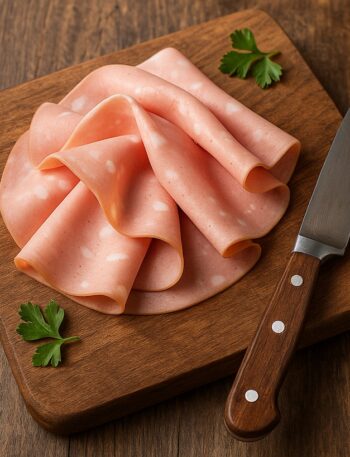 Fette di mortadella rosa su tagliere in legno con coltello e pistacchi verdi accanto