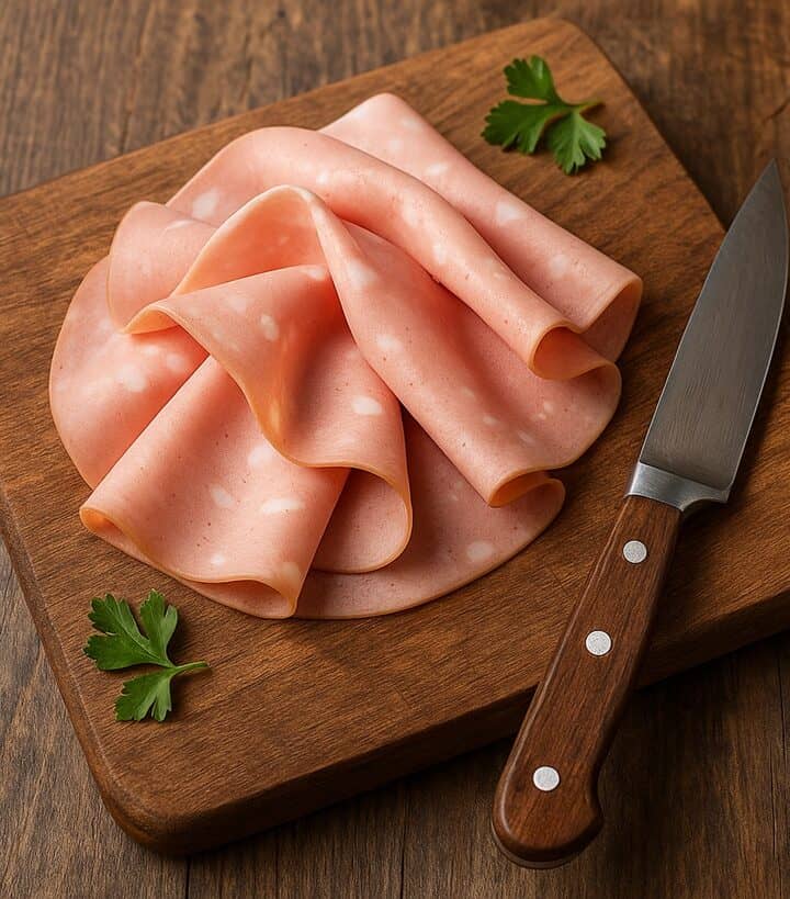 Fette di mortadella rosa su tagliere in legno con coltello e pistacchi verdi accanto