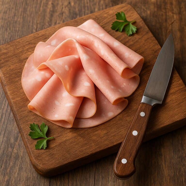 Fette di mortadella rosa su tagliere in legno con coltello e pistacchi verdi accanto