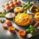 Fettuccine crude disposte su un tavolo con ingredienti freschi
