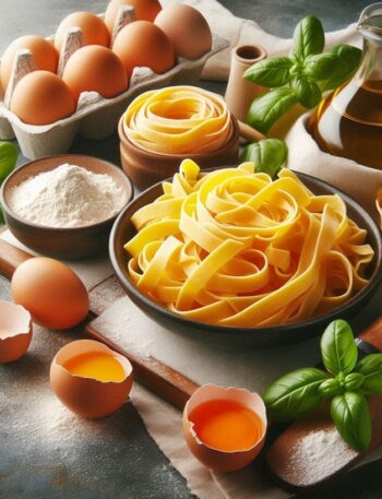 Fettuccine crude disposte su un tavolo con ingredienti freschi