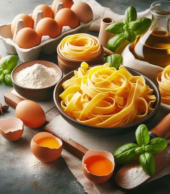 Fettuccine crude disposte su un tavolo con ingredienti freschi