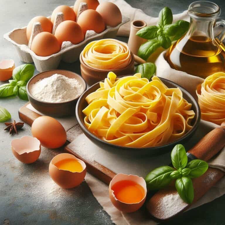 Fettuccine crude disposte su un tavolo con ingredienti freschi