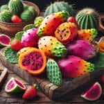 Frutti di fico d’India in varie tonalità di giallo, arancione e rosso, disposti su un tavolo con foglie verdi