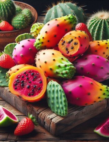 Frutti di fico d’India in varie tonalità di giallo, arancione e rosso, disposti su un tavolo con foglie verdi