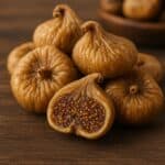 Fichi secchi interi e tagliati su fondo in legno