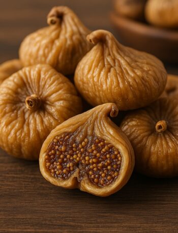 Fichi secchi interi e tagliati su fondo in legno