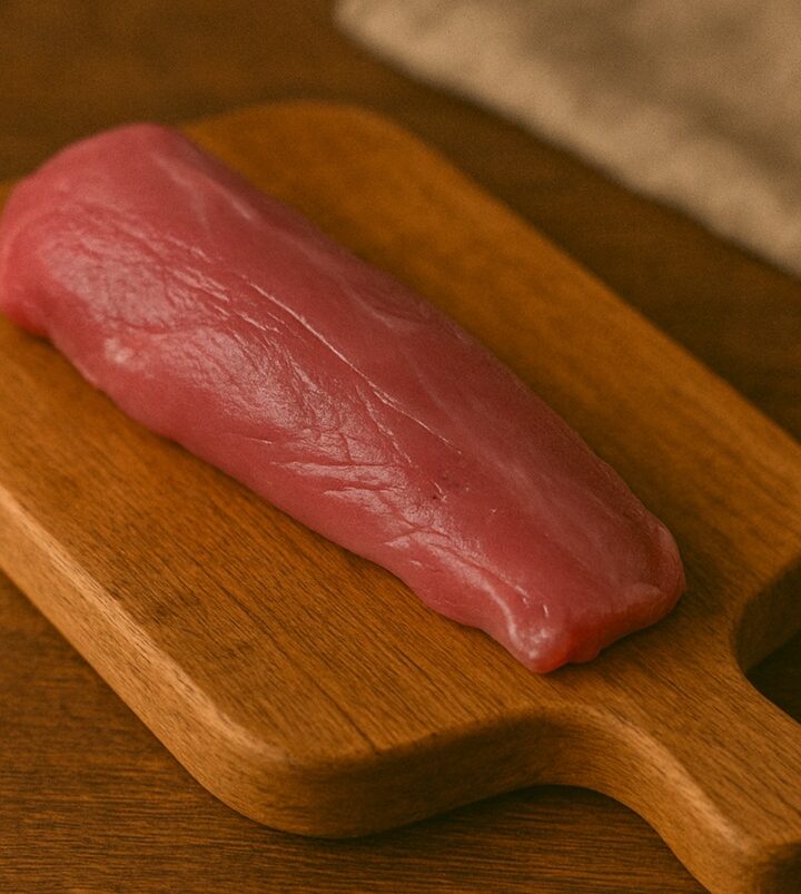 Filetto di agnello rosa intenso su tagliere con manico in legno caldo