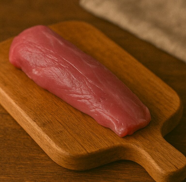 Filetto di agnello rosa intenso su tagliere con manico in legno caldo
