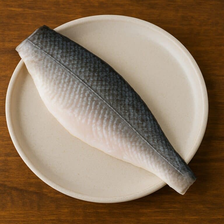 Filetto di branzino con pelle grigia e carne chiara su piatto tondo
