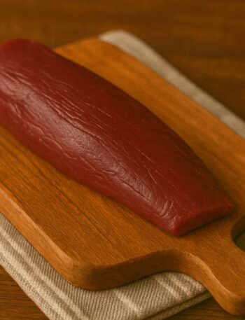 Filetto rosso scuro di capriolo su tagliere quadrato in legno rustico