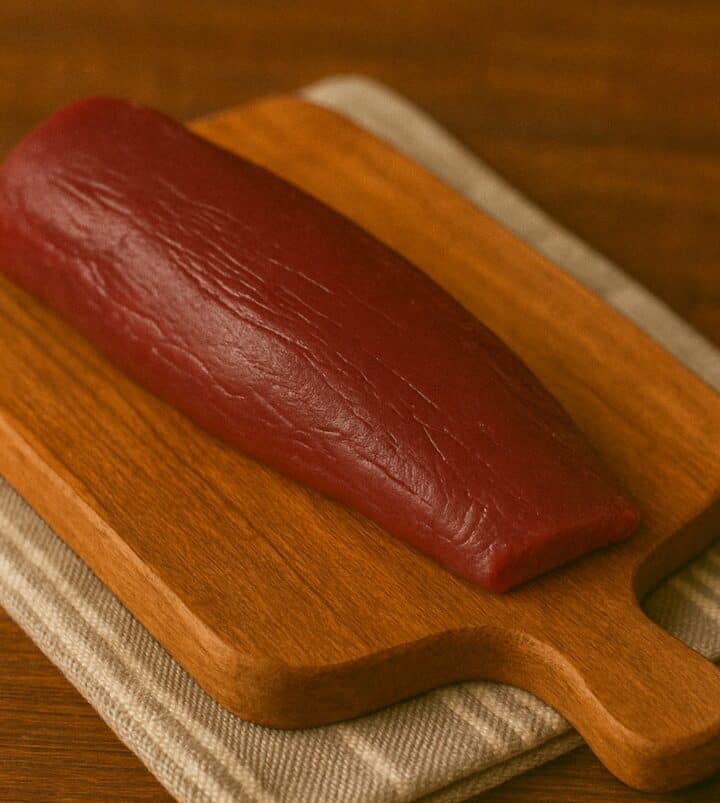 Filetto rosso scuro di capriolo su tagliere quadrato in legno rustico