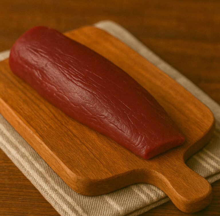 Filetto rosso scuro di capriolo su tagliere quadrato in legno rustico