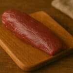 Filetto intero di cervo dal colore rosso intenso su tagliere rustico