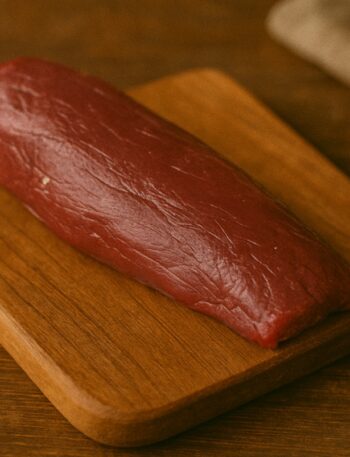 Filetto intero di cervo dal colore rosso intenso su tagliere rustico
