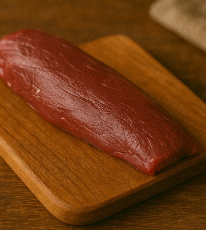 Filetto intero di cervo dal colore rosso intenso su tagliere rustico