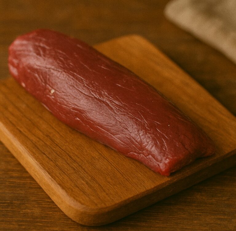 Filetto intero di cervo dal colore rosso intenso su tagliere rustico
