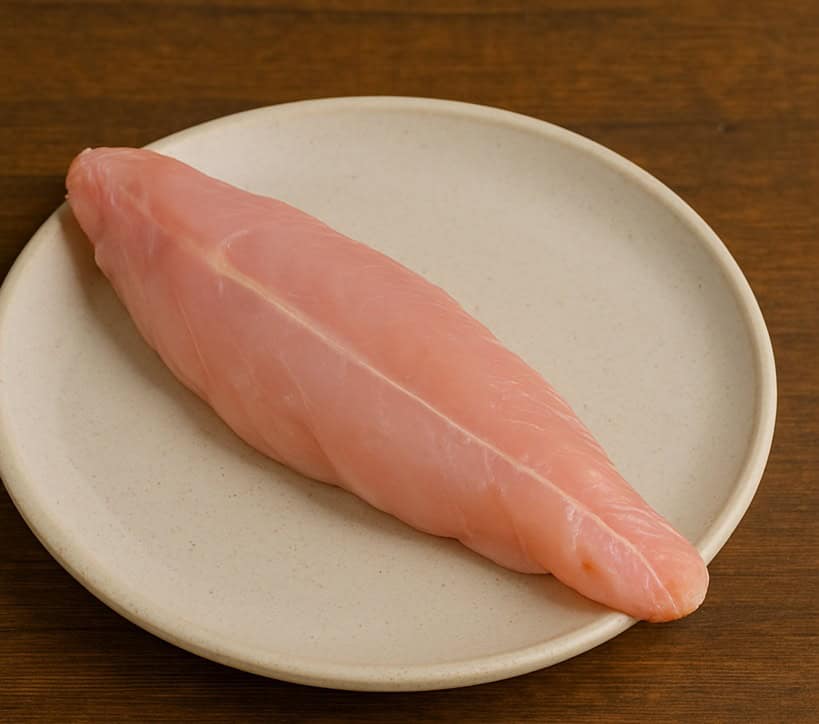 Filetto di coniglio rosa chiaro disposto su piatto rotondo chiaro