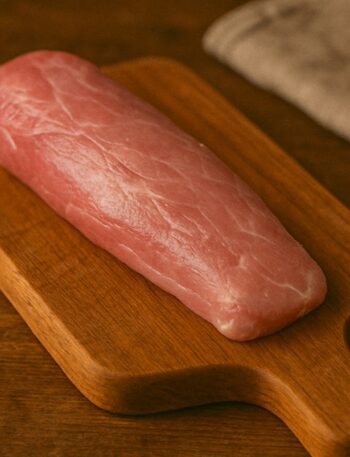 Filetto di maiale rosa chiaro su tagliere in legno con sfondo rustico