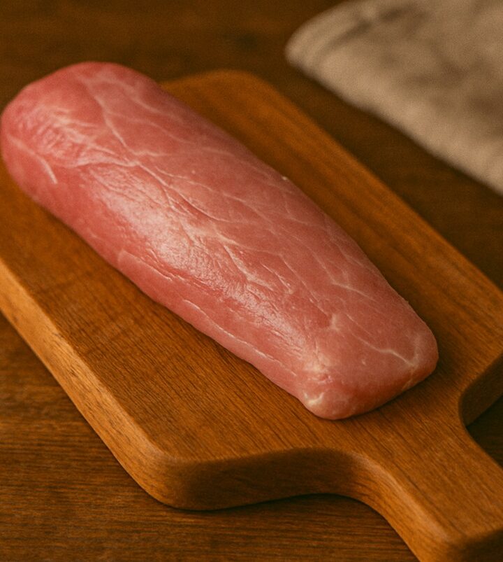 Filetto di maiale rosa chiaro su tagliere in legno con sfondo rustico