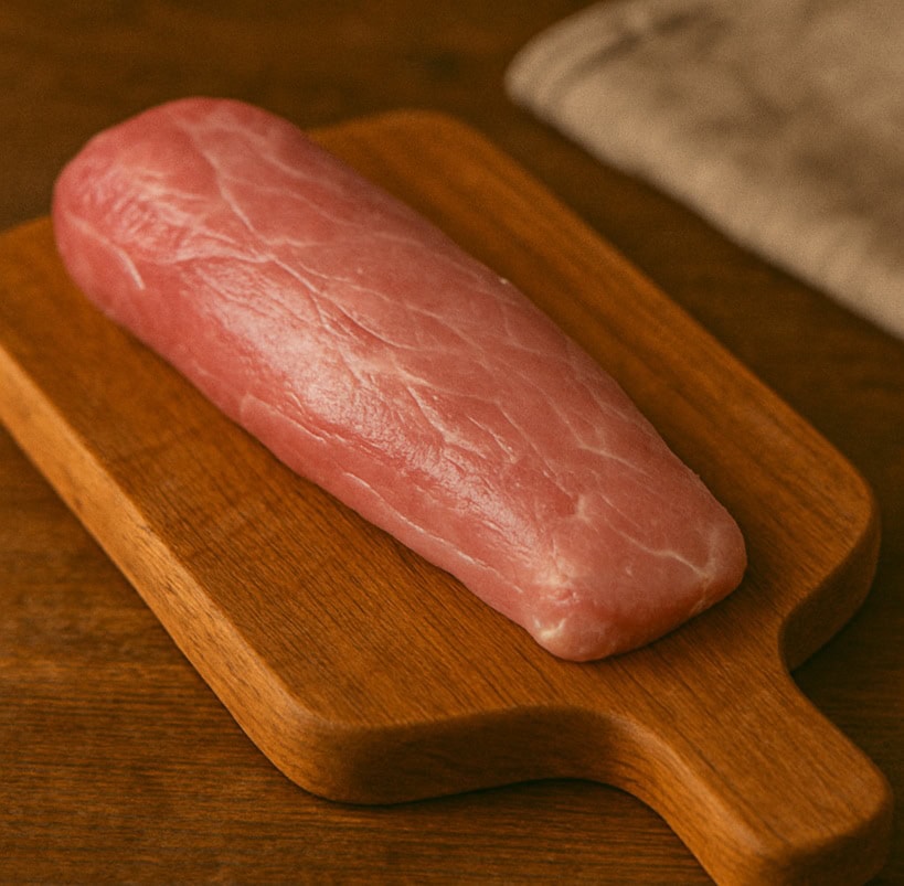 Filetto di maiale rosa chiaro su tagliere in legno con sfondo rustico