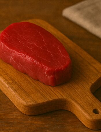 Medaglione di filetto di manzo rosso vivo su tagliere in legno rustico