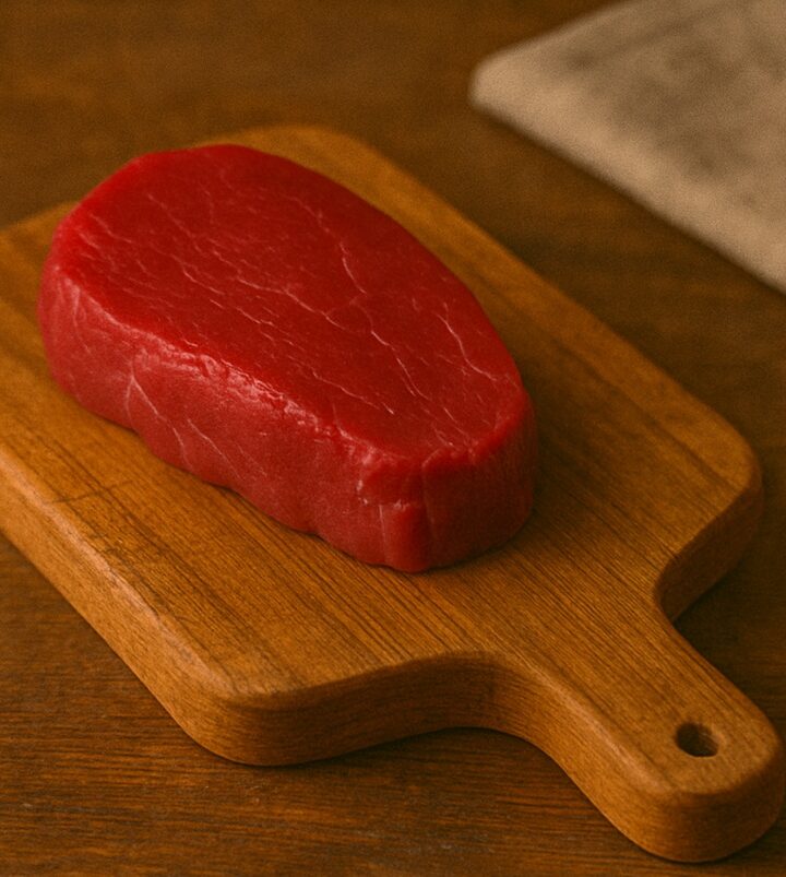 Medaglione di filetto di manzo rosso vivo su tagliere in legno rustico