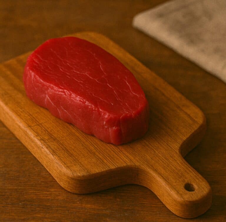 Medaglione di filetto di manzo rosso vivo su tagliere in legno rustico