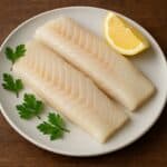 Due filetti di merluzzo crudo con limone e foglie di prezzemolo su piatto chiaro