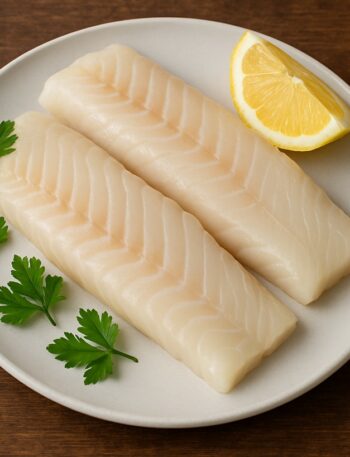 Due filetti di merluzzo crudo con limone e foglie di prezzemolo su piatto chiaro