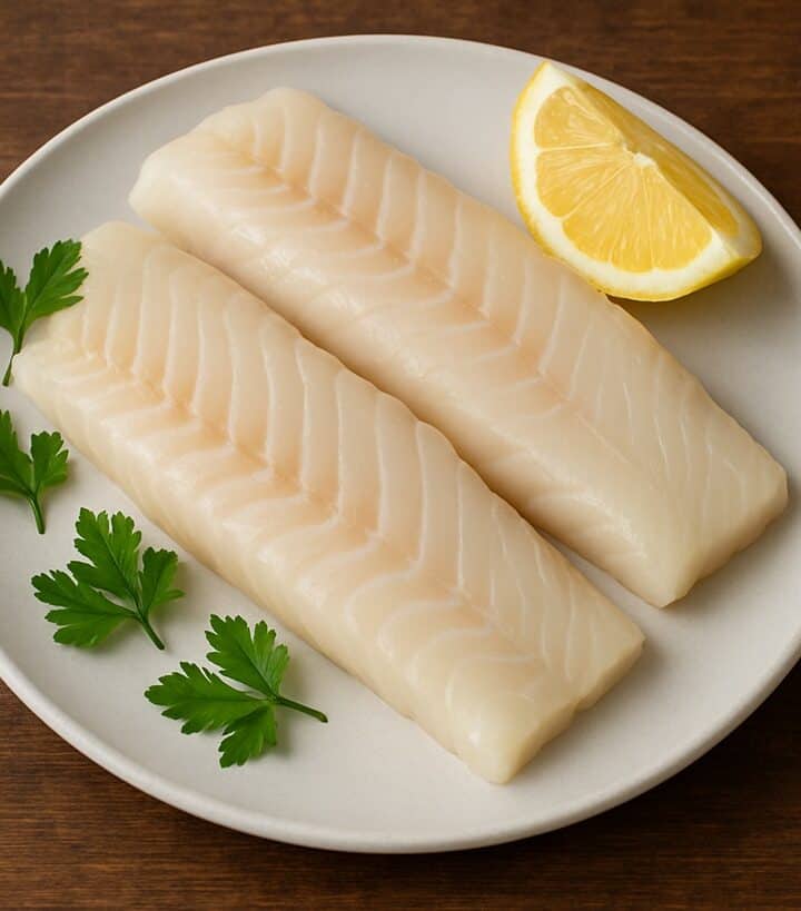 Due filetti di merluzzo crudo con limone e foglie di prezzemolo su piatto chiaro