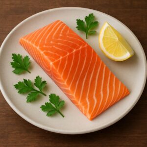Trancio di salmone crudo su piatto chiaro con spicchio di limone e foglie di prezzemolo