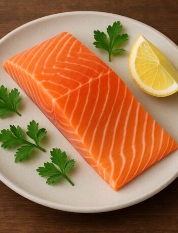 Trancio di salmone crudo su piatto chiaro con spicchio di limone e foglie di prezzemolo