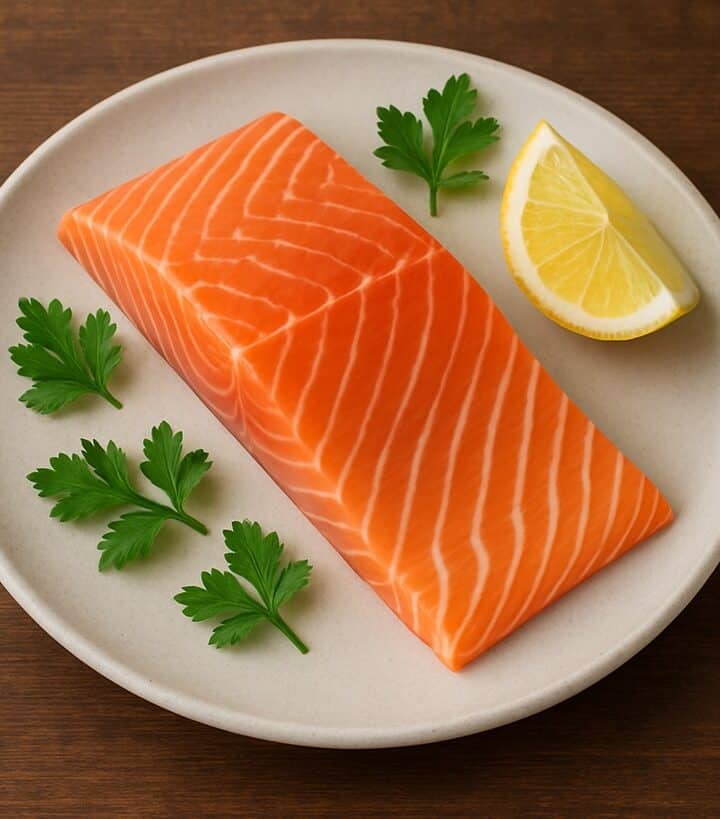 Trancio di salmone crudo su piatto chiaro con spicchio di limone e foglie di prezzemolo