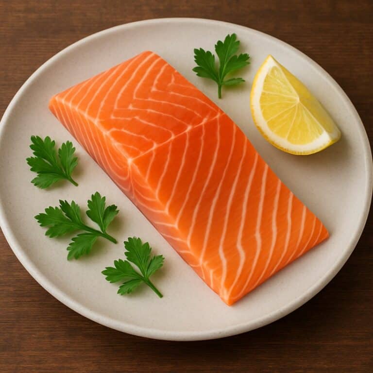 Trancio di salmone crudo su piatto chiaro con spicchio di limone e foglie di prezzemolo