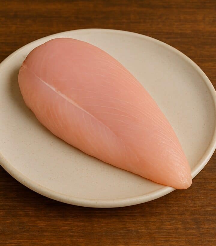 Petto di tacchino crudo con superficie liscia e rosa chiaro su piatto tondo
