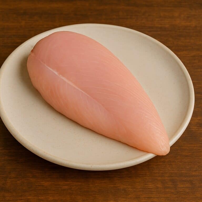Petto di tacchino crudo con superficie liscia e rosa chiaro su piatto tondo