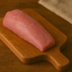 Filetto rosa tenue di vitello crudo su tagliere di legno rustico con manico