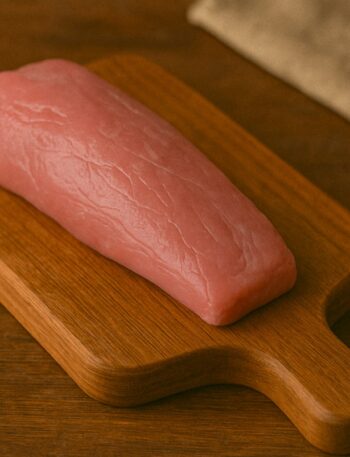 Filetto rosa tenue di vitello crudo su tagliere di legno rustico con manico