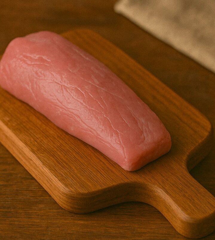 Filetto rosa tenue di vitello crudo su tagliere di legno rustico con manico