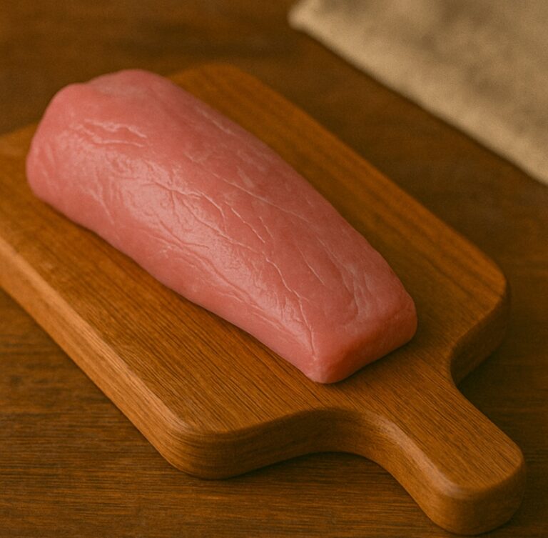 Filetto rosa tenue di vitello crudo su tagliere di legno rustico con manico