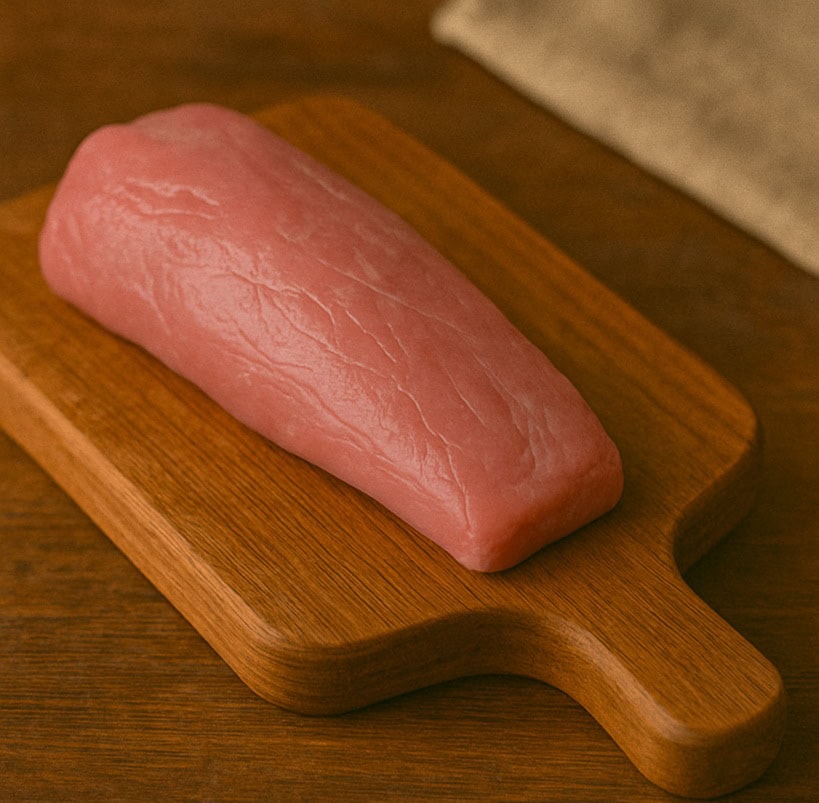 Filetto rosa tenue di vitello crudo su tagliere di legno rustico con manico