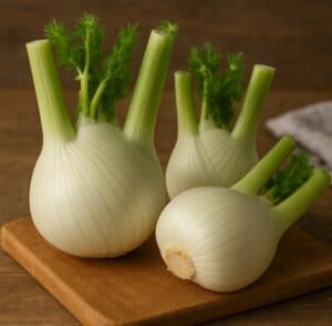 Tre finocchi con bulbi bianchi e foglie verdi su tagliere da cucina