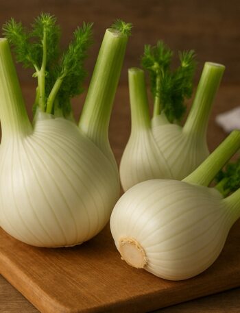 Tre finocchi con bulbi bianchi e foglie verdi su tagliere da cucina