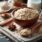 Fiocchi d’avena in una ciotola con un cucchiaio di legno