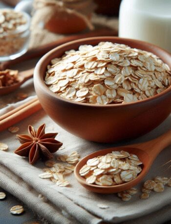 Fiocchi d’avena in una ciotola con un cucchiaio di legno