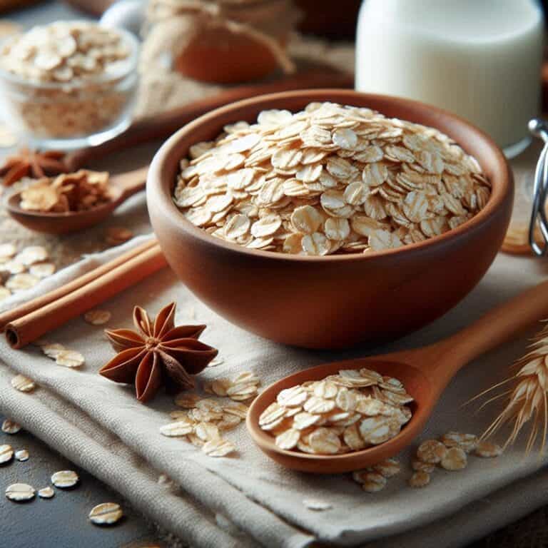 Fiocchi d’avena in una ciotola con un cucchiaio di legno