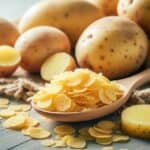 cucchiaio di legno con fiocchi di patate secchi su sfondo rustico