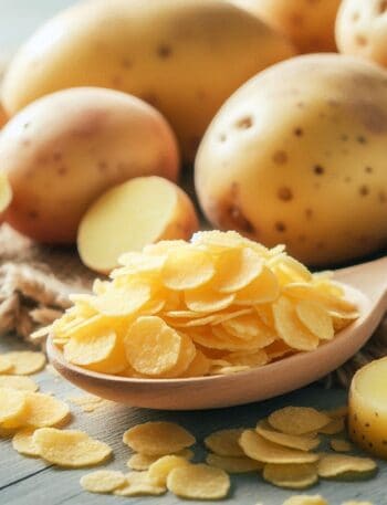 cucchiaio di legno con fiocchi di patate secchi su sfondo rustico