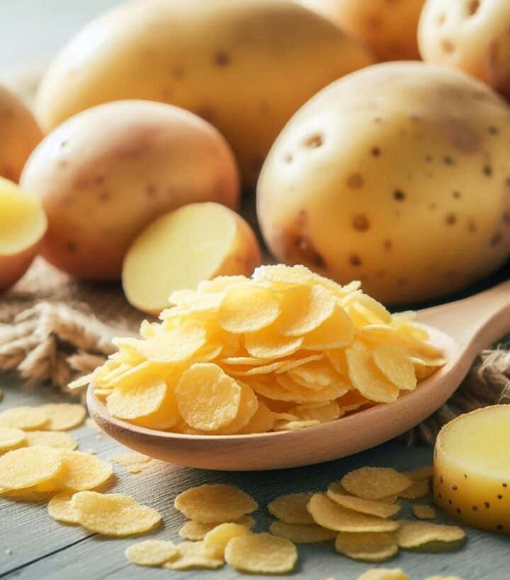 cucchiaio di legno con fiocchi di patate secchi su sfondo rustico